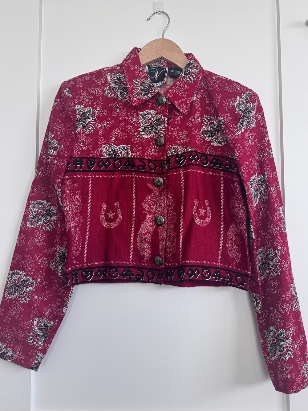 Valencia Red Western Bandana Paisley Print Cropped Jacket S